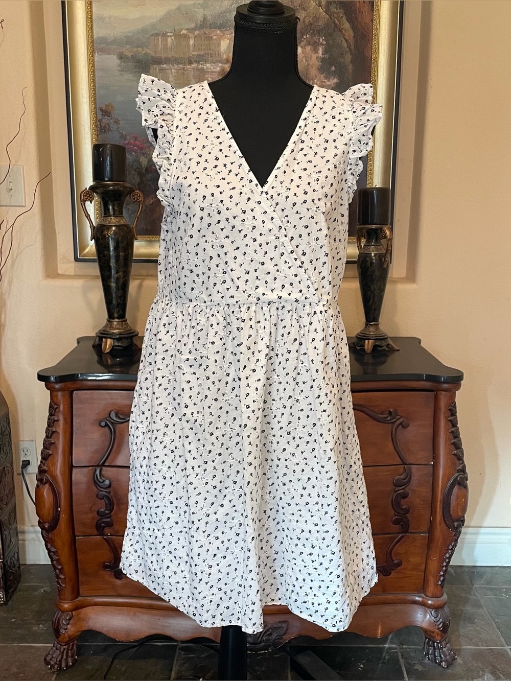 Loft White Floral Ruffle Sleeve V-Neck Dress